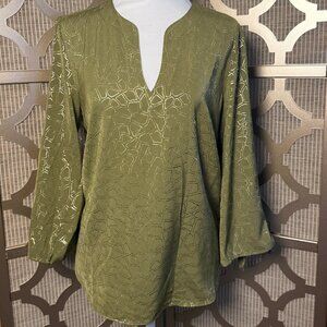 Michael Michael Kors Olive Green Metallic Gold Pattern Tunic Blouse Size M